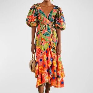 Farm Rio Midi Wrap Dress- Graphic Macaws Puff-Sleeve